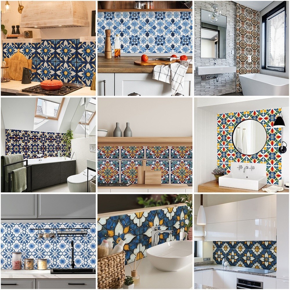 For Kitchen Backsplash Tile Stickers PVC Tile Decals Vintage Geometric Pattern