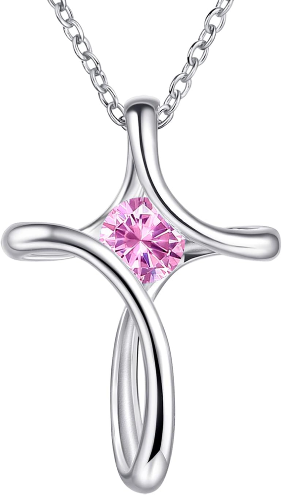 Cross Necklace for Women, 925 Sterling Silver Birthstone Necklace for Women with