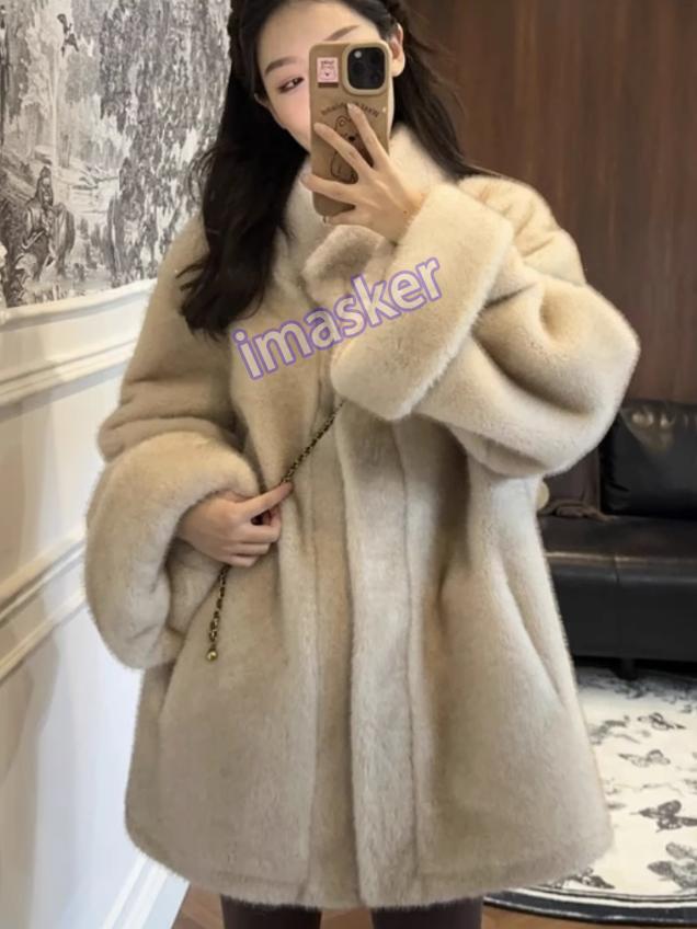 Womens Mink Plush Mid Long Stand Up Collar Thicken Warm Korean Fur Winter Coats