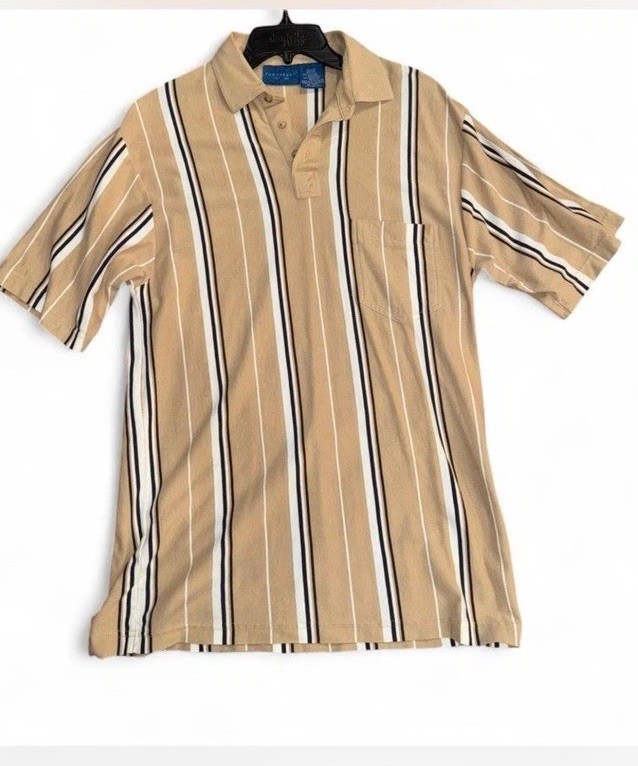 Towncraft Striped Polo Shirt Tan Navy White Vintage 90s Y2K Men’s size Medium