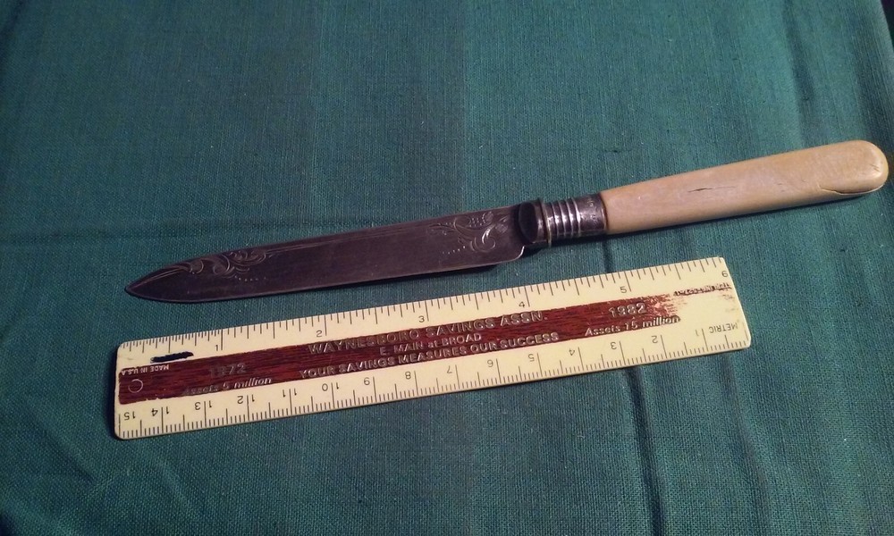 Antique Silver Dinner Knife w/ Engraved Designs M H & Co X & Crown Lion marks