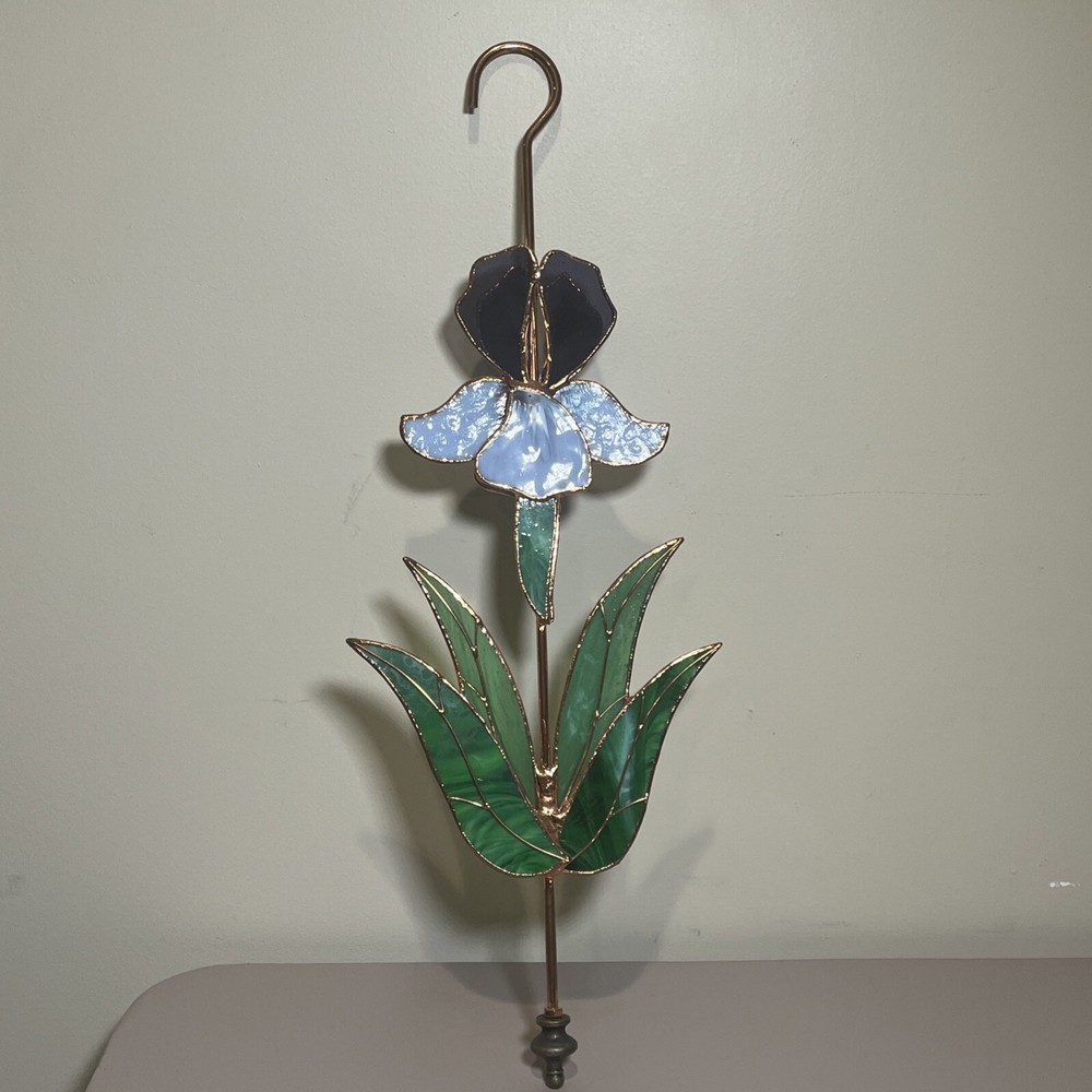 Vintage Blue Iris Flower Layered Stained Glass Suncatcher Window Decor EUC
