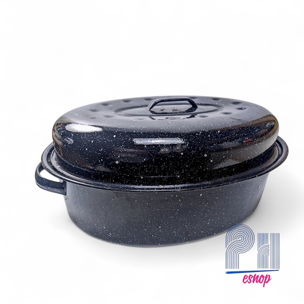 Enamelware Black & White Speckled Oval Oven-Roaster Pan w/ Lid  12 3/4 x 16 1/2