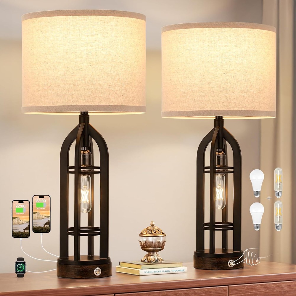 Modern Oat Shade & Black Body Table Lamp Set of 2 for Living Room