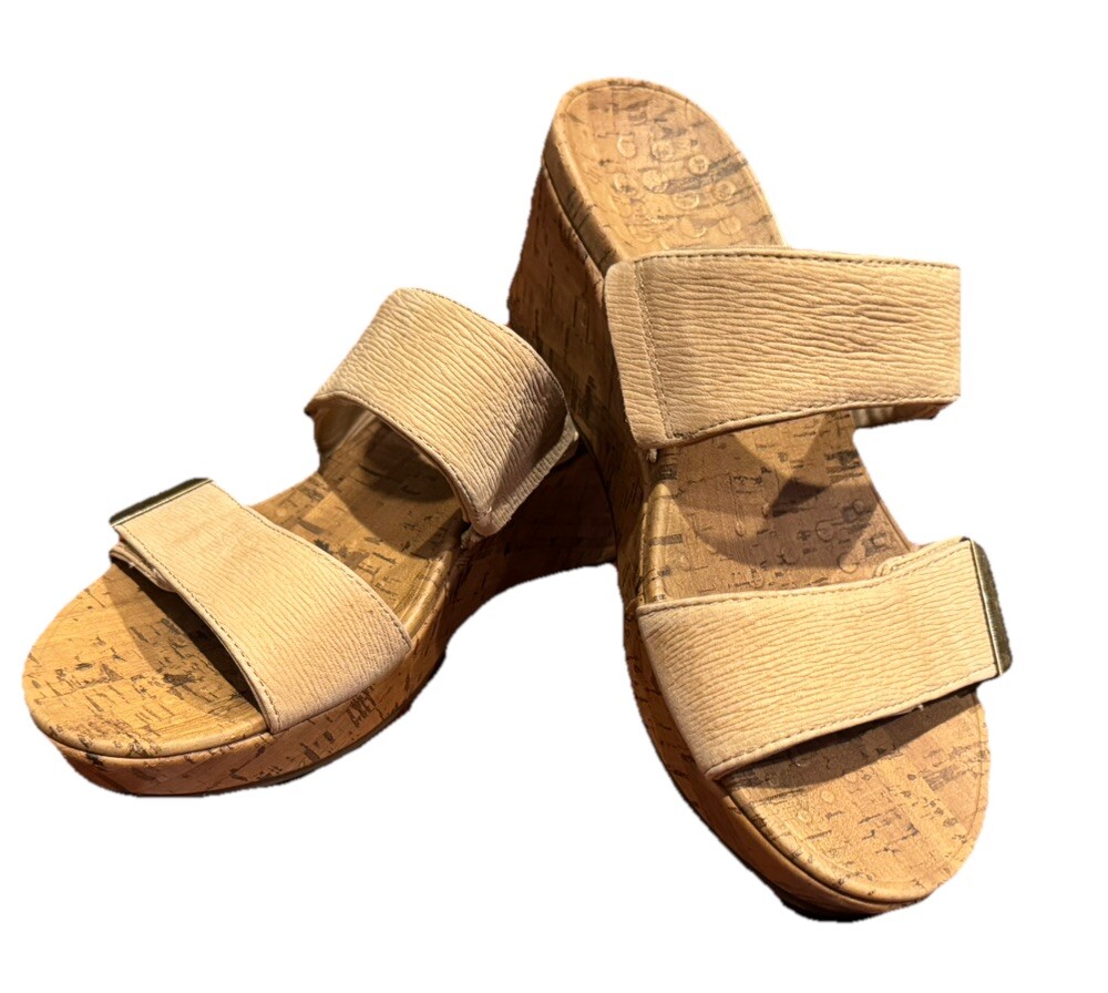 Vionic Pepper Cork-Wrapped Wedge Slip-On Sandals Orthotic Embossed Leather Sz 7