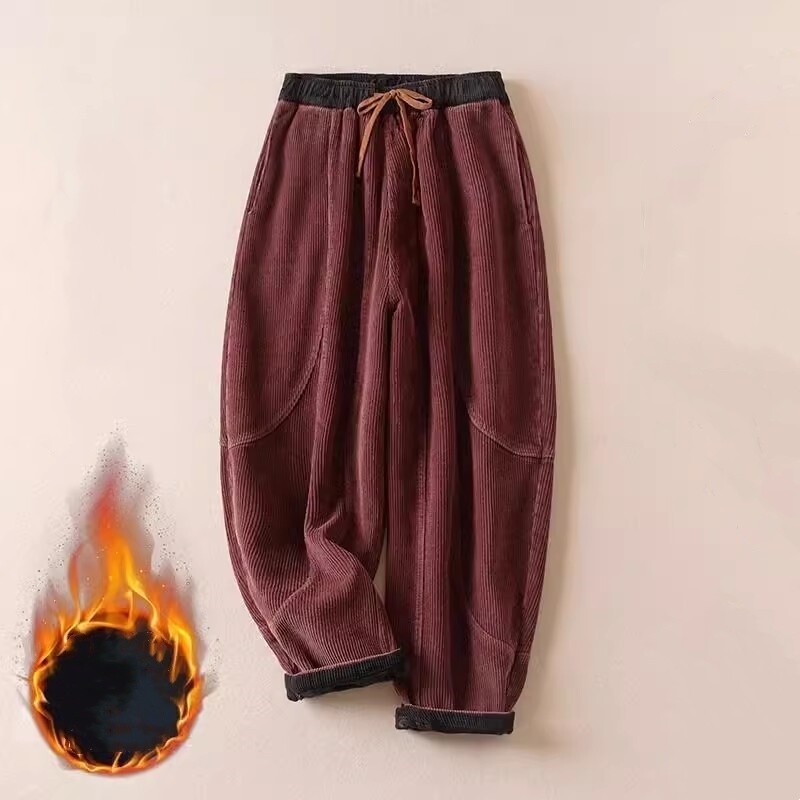 Women Thicken Fleece Lined Corduroy Harem Pants Winter Warm Casual Long Trousers