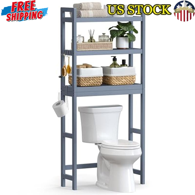 3-Tier Over Toilet Storage Organizer Adjustable Shelf Bathroom Space Saver Hooks