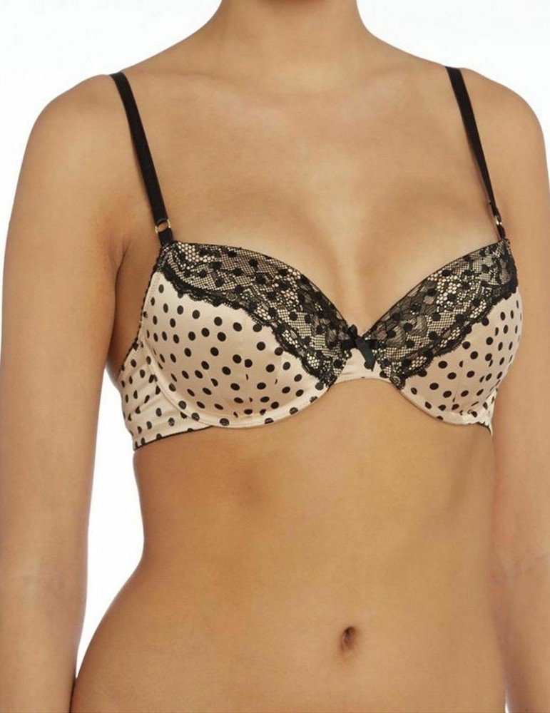 Marie Meili Cherry Bra Size 34C Beige Black Lace Padded Plunge Balcony Lingerie