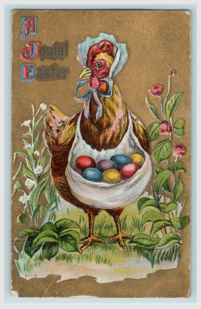 1910 A Joyful Easter Dressed Chicken Colorful Eggs - Damaged