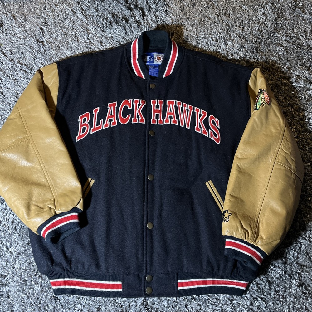 VTG 90s Chicago Blackhawks Starter Letterman Jacket with Leather Sleeves - Men's XL - Excellent Condition