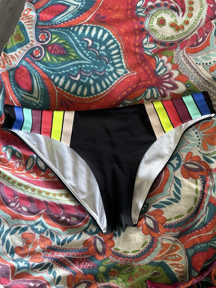 Victoria's Secret PINK Cheeky Bikini Swim Bottom Black /Multi Color Stripe XS