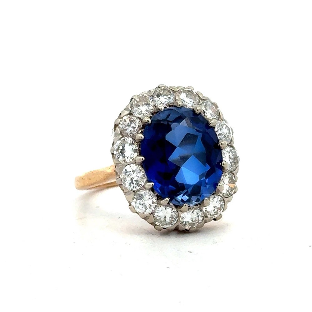 3.75 Ct Oval Cut Blue Sapphire & Halo Cocktail Ring 14K Yellow Gold
