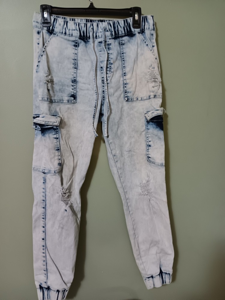 WAX Jean Women's Stonewashed, Factory Distressed Blue Jeans Size S Elastic Waist