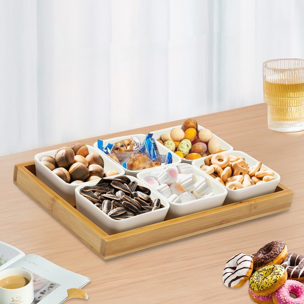 Ceramic Snack Serving Tray Set with Bamboo Lids - 6 Piece Platter