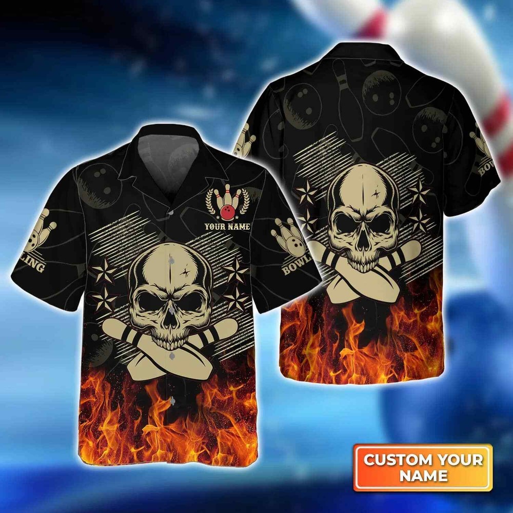 Skull Bowling In Fire Personalized Name 3D Hawaiian Shirt for Trendy Bowlers Fashion