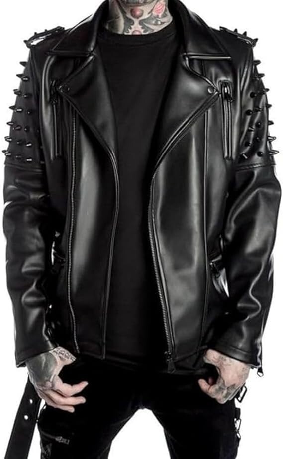 Men's Black Punk Studded Spikes Real Leather Brando Notch Lapel Jacket