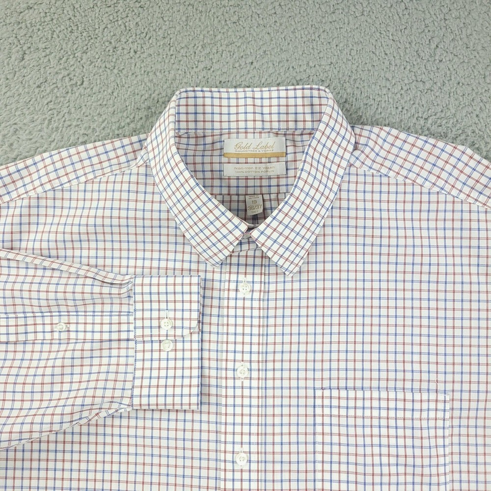 Roundtree & Yorke Gold Label Dress Shirt Mens 19 36/37 Tall White Check Non Iron
