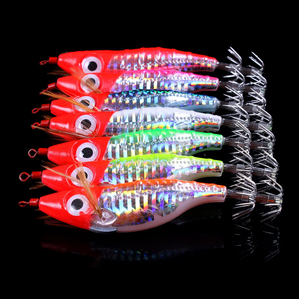 7PCS Glow Shrimp Lures Squid Jig Fishing Bait Hook Octopus 10cm/9g Saltwater Lot