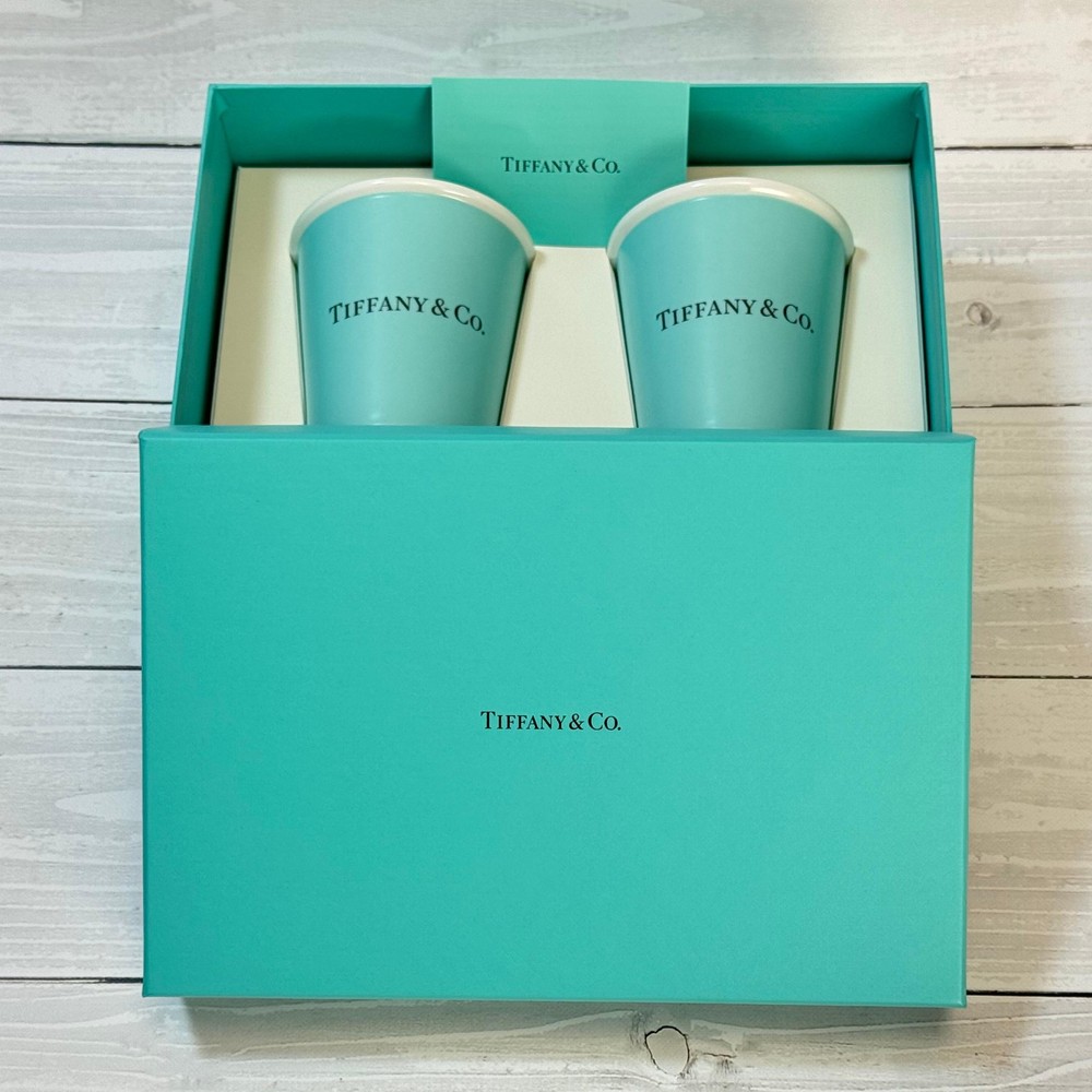 Tiffany & Co Paper Cup Style Bone China Blue Cup Set of 2 With Box Rare