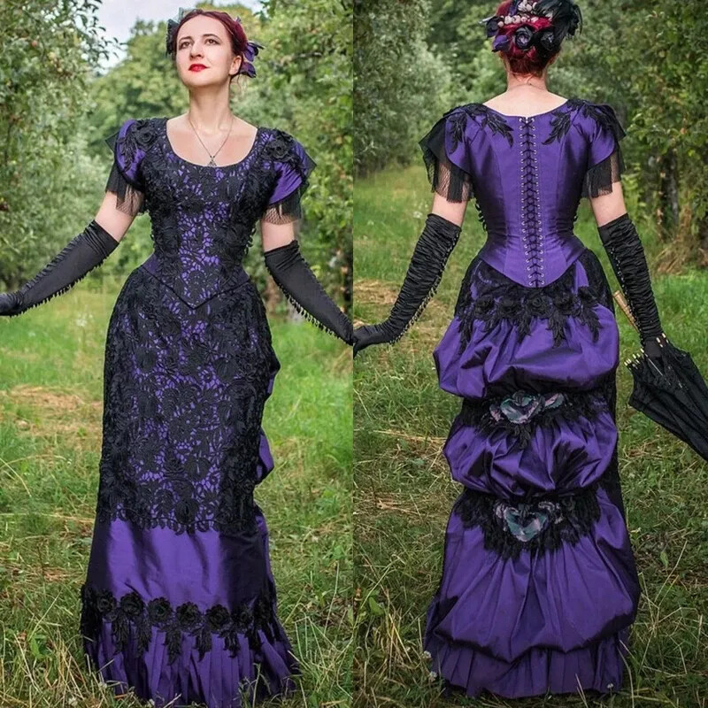 Vintage Victorian Prom Dresses Ruched Bustle Ball Gown Historical Corset Black