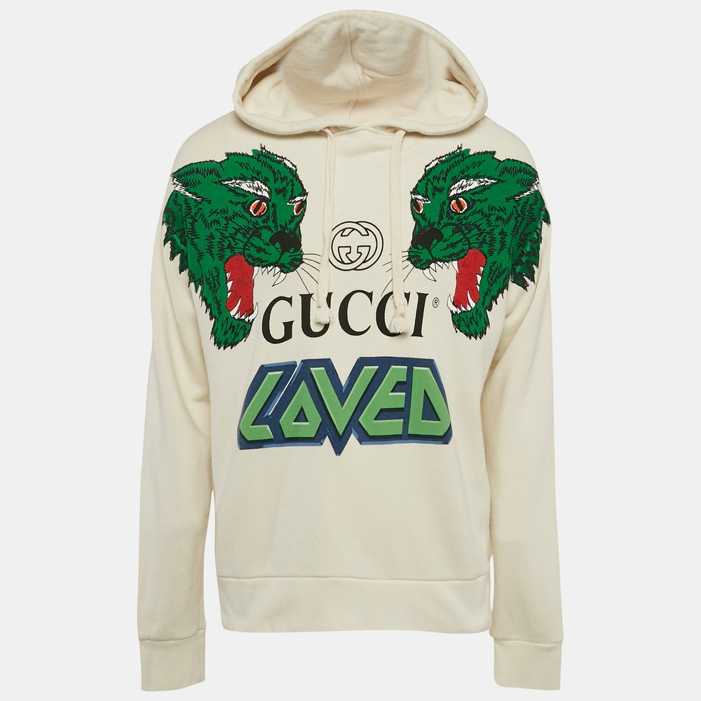 Gucci Off White Tiger Print Cotton Hoodie S