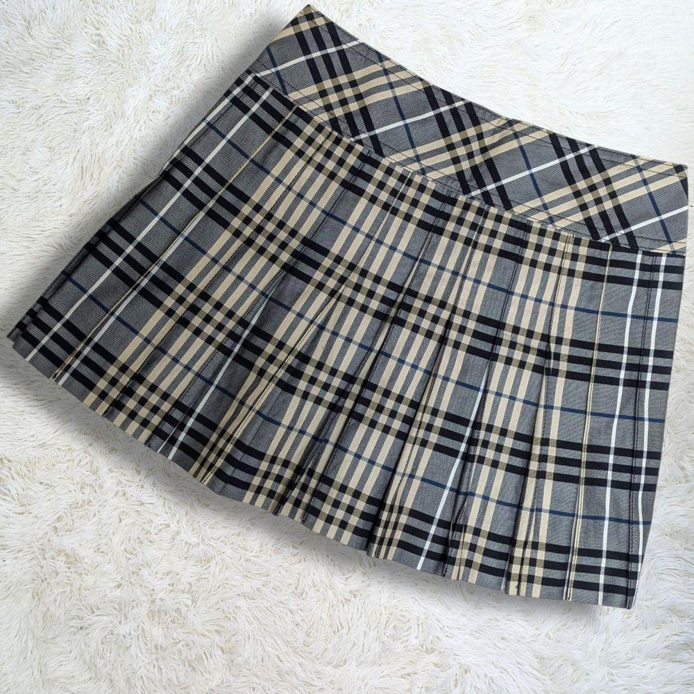 Burberry Blue Label Pleated Skirt Nova Check Leather Belt Vintage