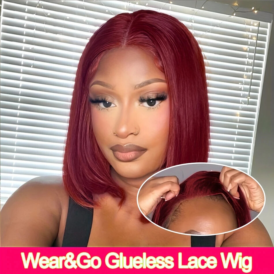 Wear and Go Glueless Pre Plucked 6x4 Straight 99J Burgundy Bob Wig Human Hair