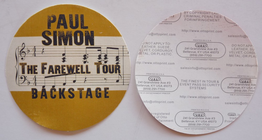 Paul Simon 2018 Farewell Tour Concert Tour Yellow Backstage Pass