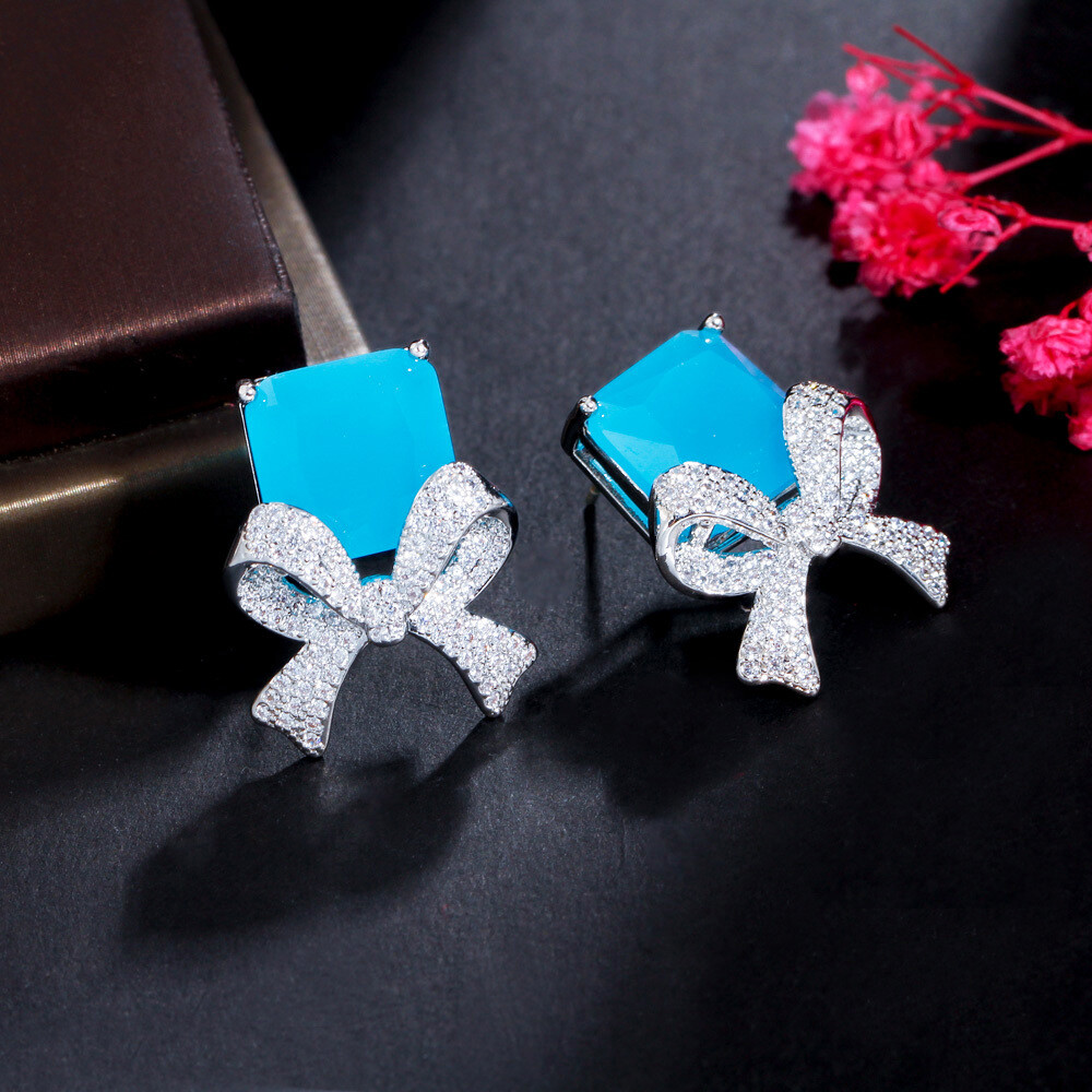 Silver Plated Cubic Zirconia Blue Bowknot Drop Earrings for Girls