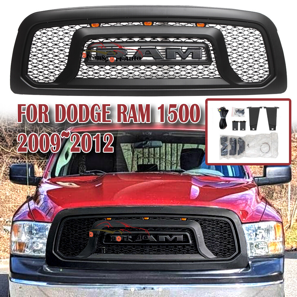 Front Grille for 2009-2012 Dodge Ram 1500 Black Grill w/Letters LED Paintable