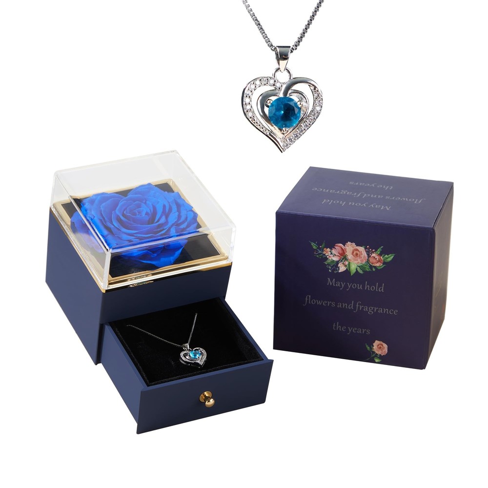 Blue Preserved Rose with Necklace Gift, Heart Rose Eternal Rose Flower Fresh ...