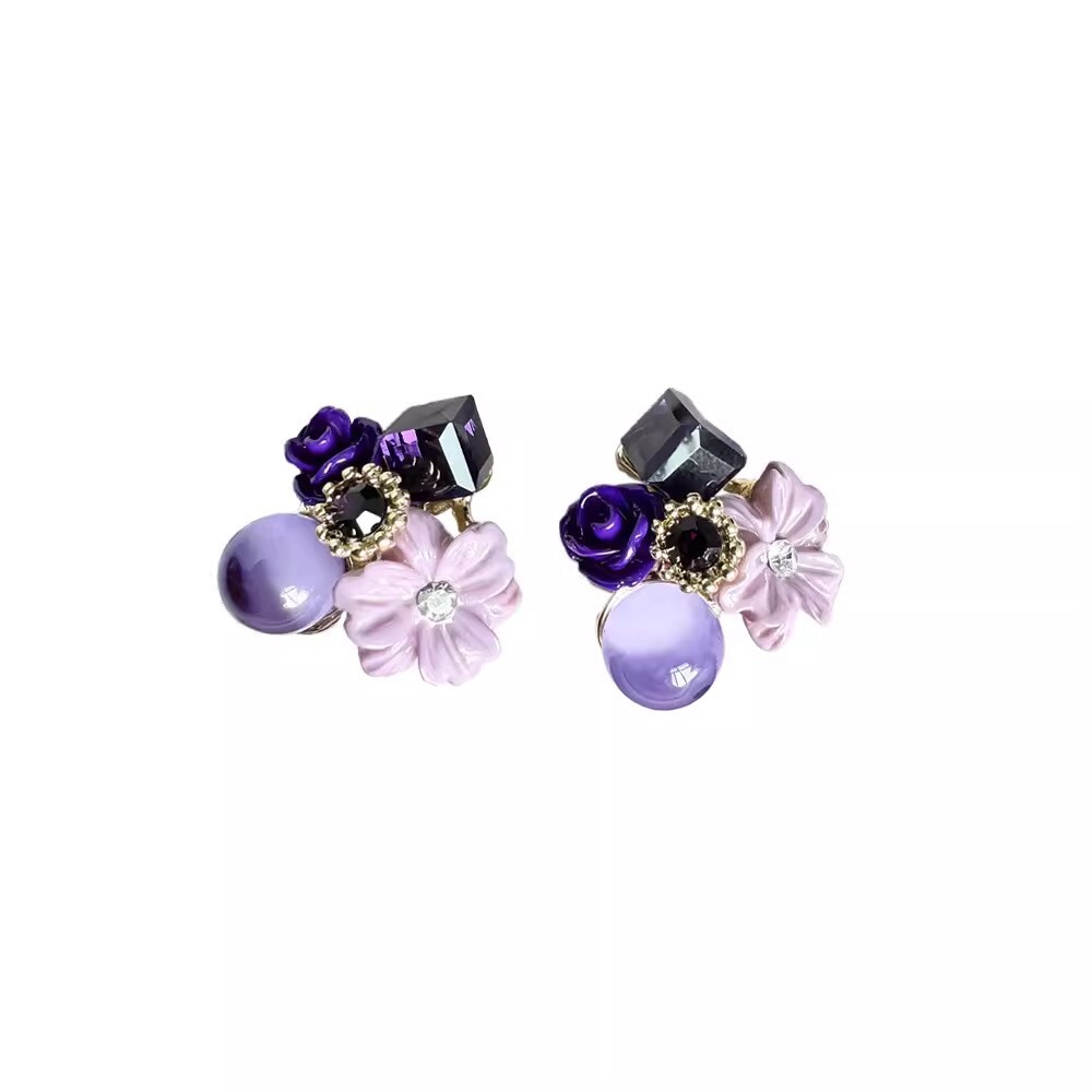Purple diamond cat's eye crystal flower earrings