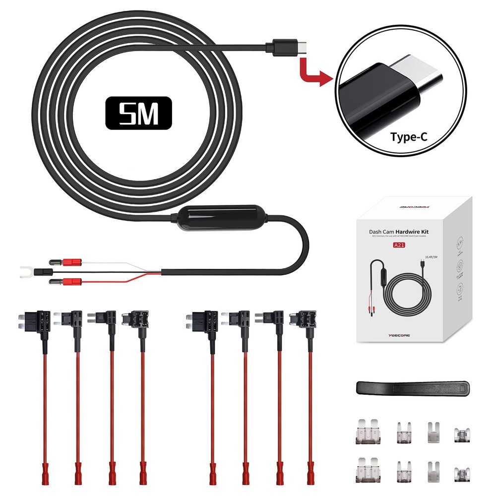 Dash Cam Hardwire Kit, 16.4ft/5M Type C USB Hardwire Kit 12V-24V to 5V with L...