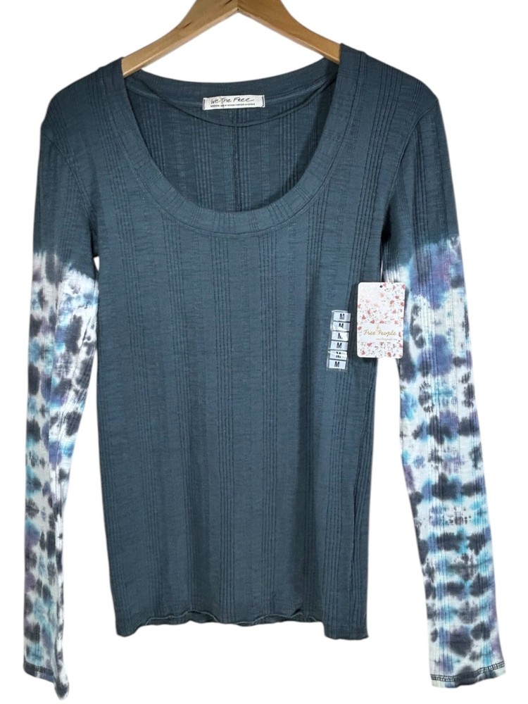 We The Free TShirt M Ribbed Thermal Long Sleeve Grey Blue Tie Dye Boho Y2K Cozy