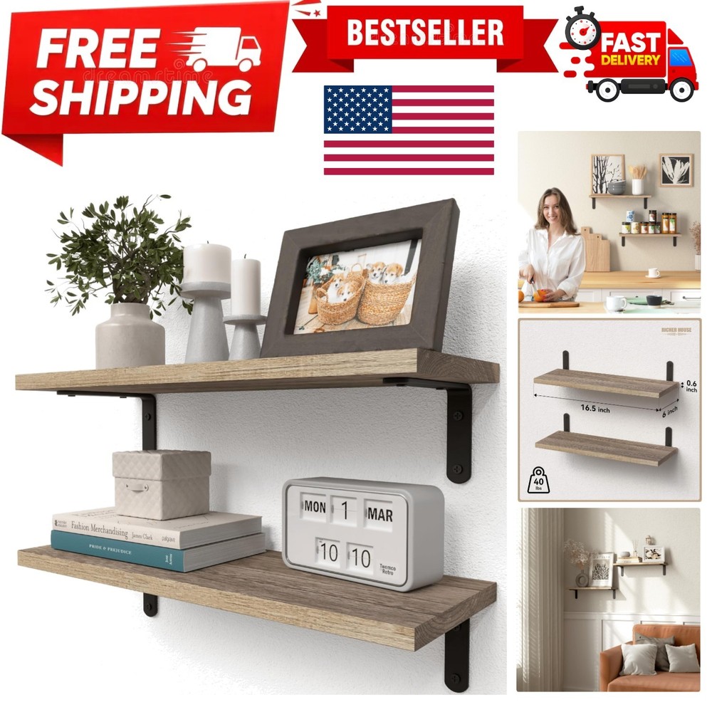Rustic Wood Shelves Set of 2, Farmhouse Style Floating Shelf for Wall Décor, ...