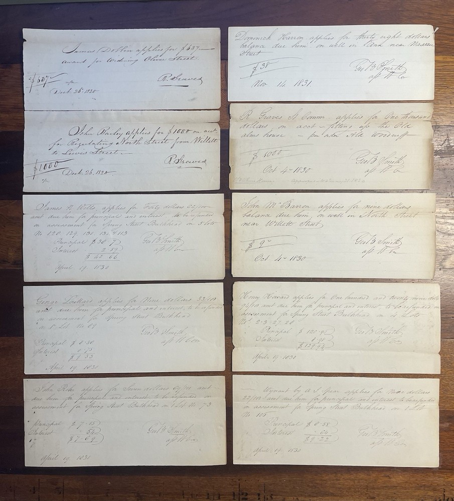 10 Handwritten Vouchers 1820-1831 New York City:Street Repairs,Well Digging More-image