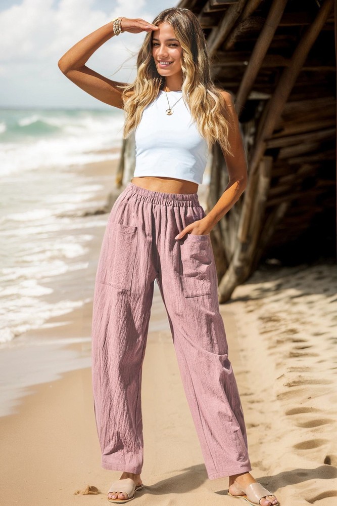Women's pink cotton and linen casual pants holiday wind elastic waist cargo bag