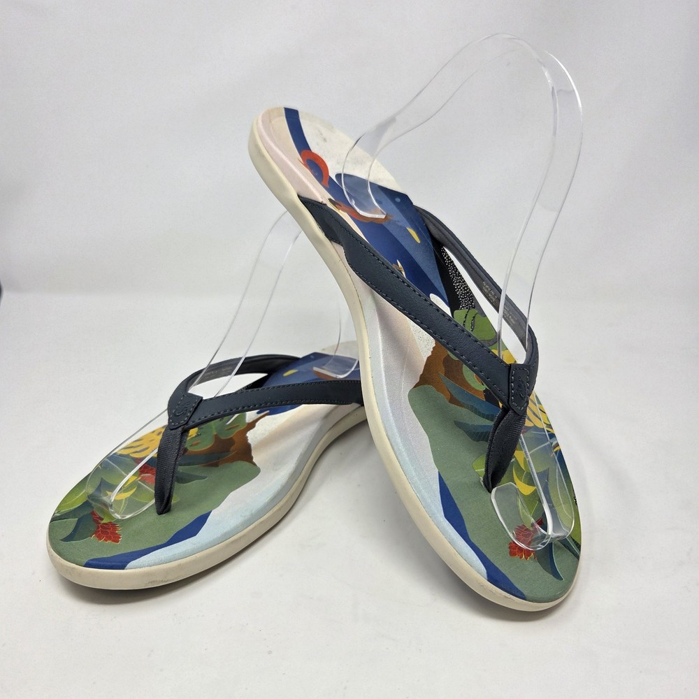 Olukai Womens Size 11 Wide Blue Multi Hoopio Pae Flip Flop Sandals