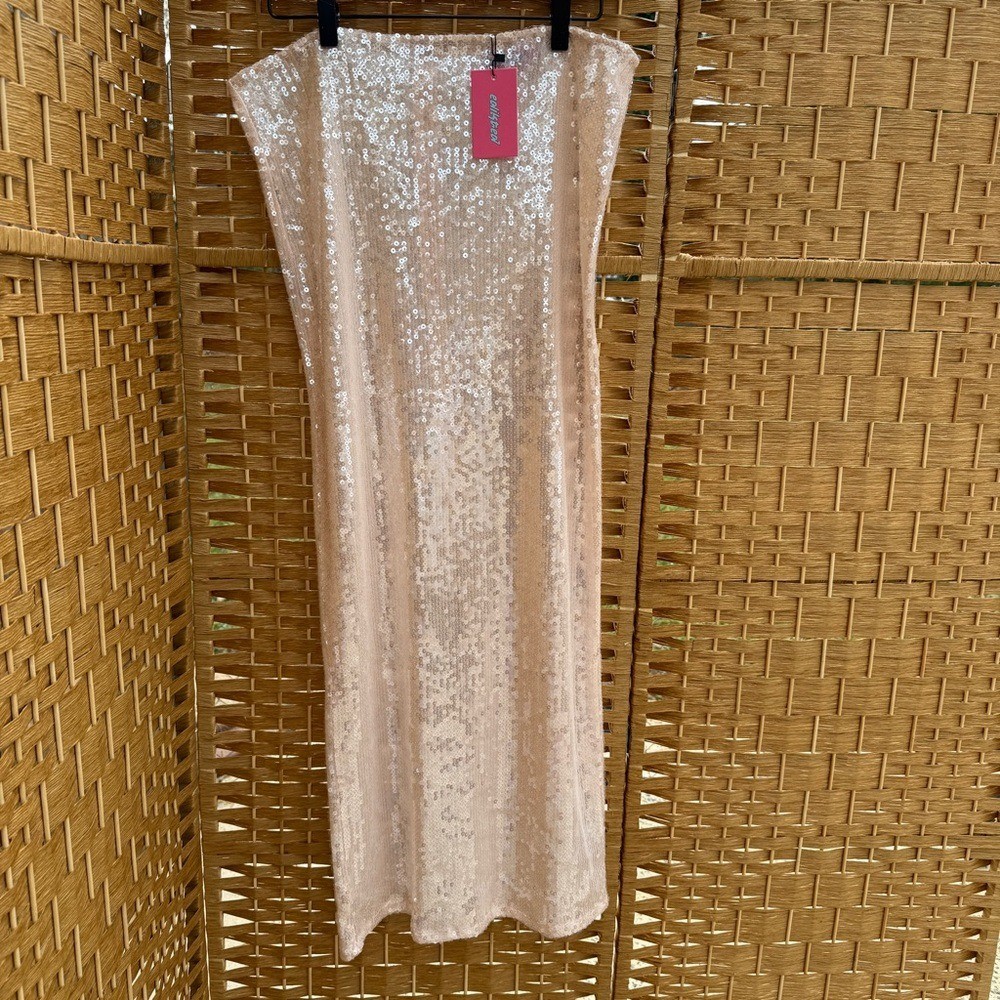 Edikted Sequin Maxi Skirt Sheer/Light Pink - Holiday Skirt Women's Large NWT