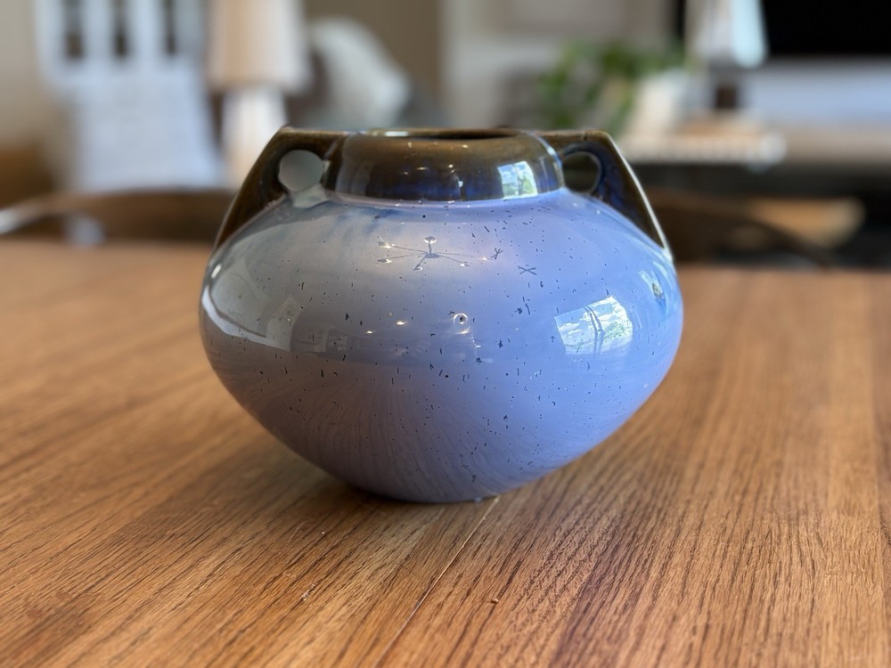 Antique Fulper Pottery Flambe Glazed 8x6 Two Handled Vase in Blue Brown