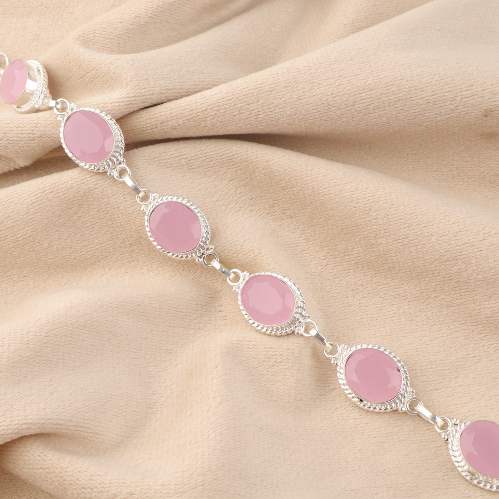 Natural Rose Chalcedony Gemstone Bracelet in 925 Sterling Silver