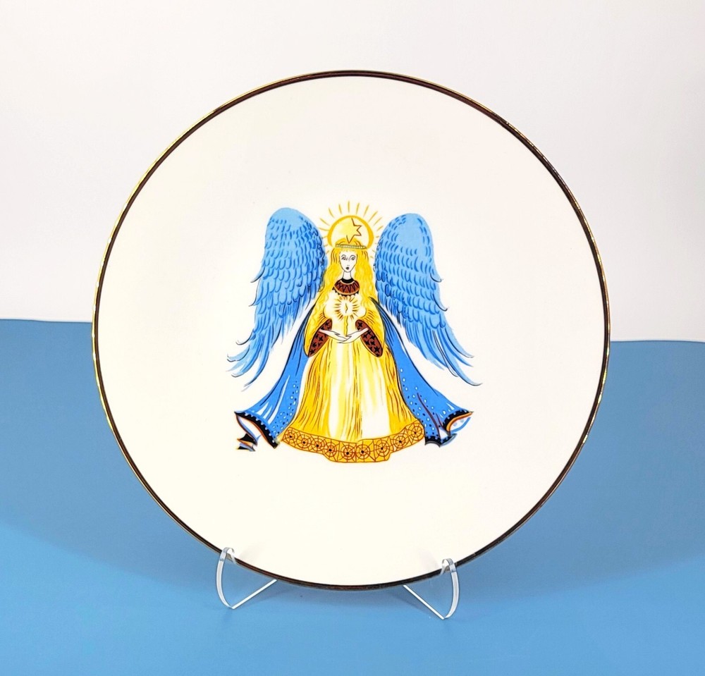 Vintage Hutschenreuther Blue Gold Angel Plate Hohenburg Germany MCM Gold Rim