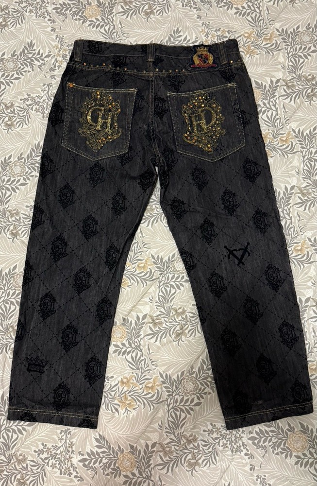 Crown Holder Jeans 36 Black Gold Embroidered GH Royal Crest Studded Denim