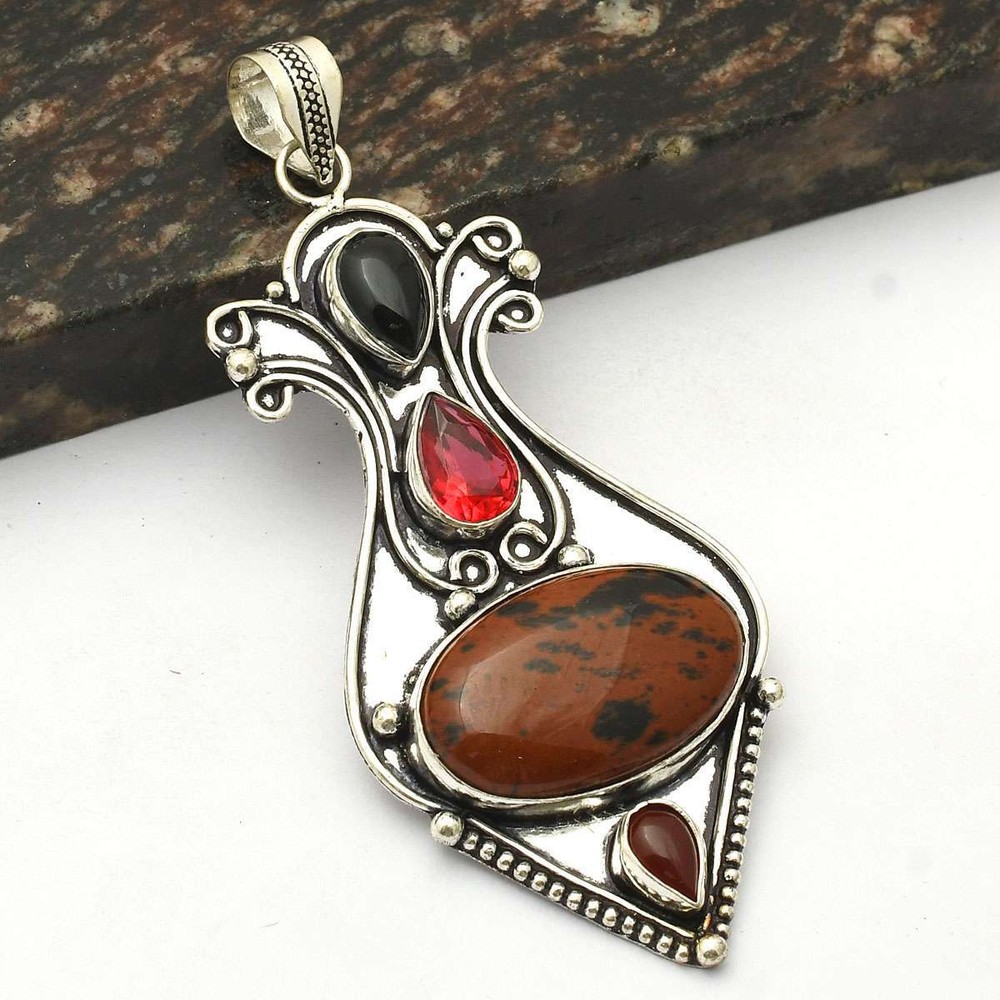 Stylish Mahogany Obsidian Black Onyx Ethnic Pendant Necklace Gift 3.6 Inch AP-27202