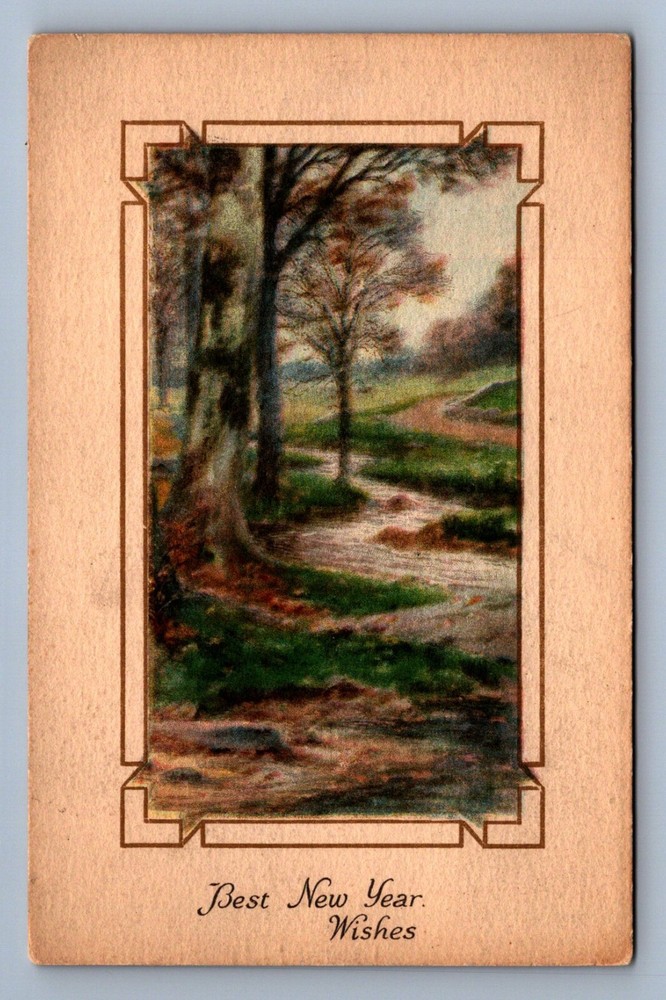 Postcard Vtg New Year's Holiday Celebration Best Wishes Nature Path