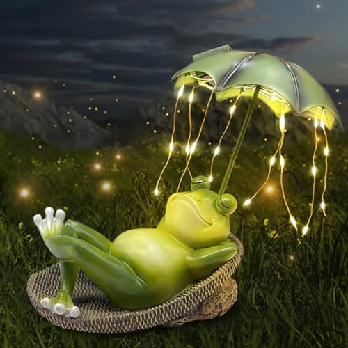 Solar LED Frog Garden Statue with Umbrella - Waterproof Outdoor Decor