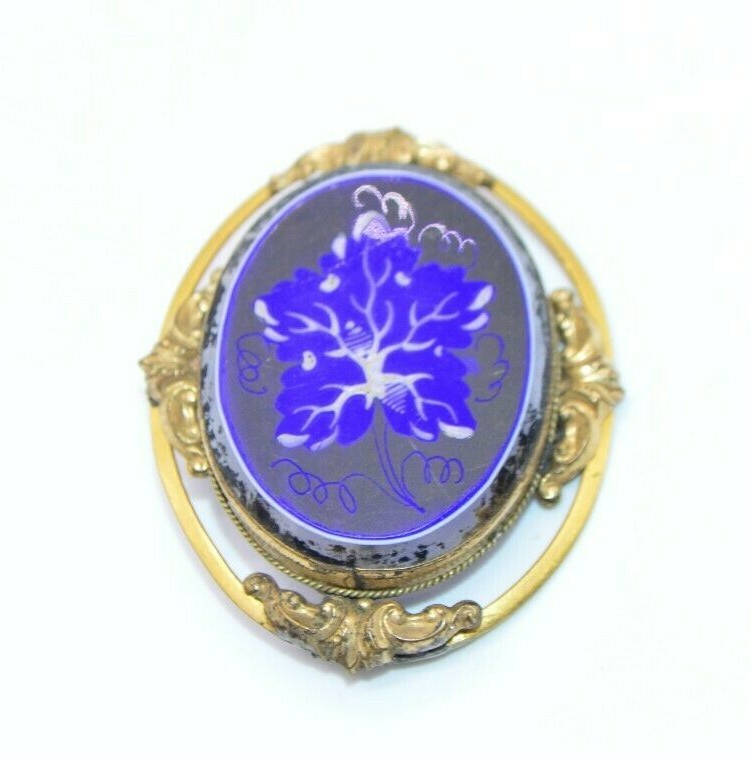 Victorian Gold Filled Blue and White Hand Painted Glass Brooch with C Clasp