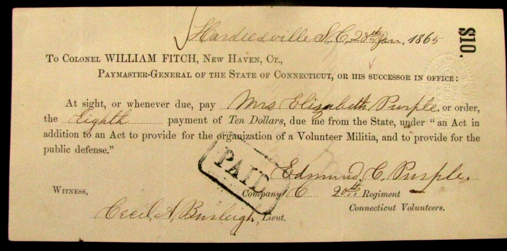 Civil War Hardeeville SC 20th Connecticut Pay Voucher 1865 Historical Document-image