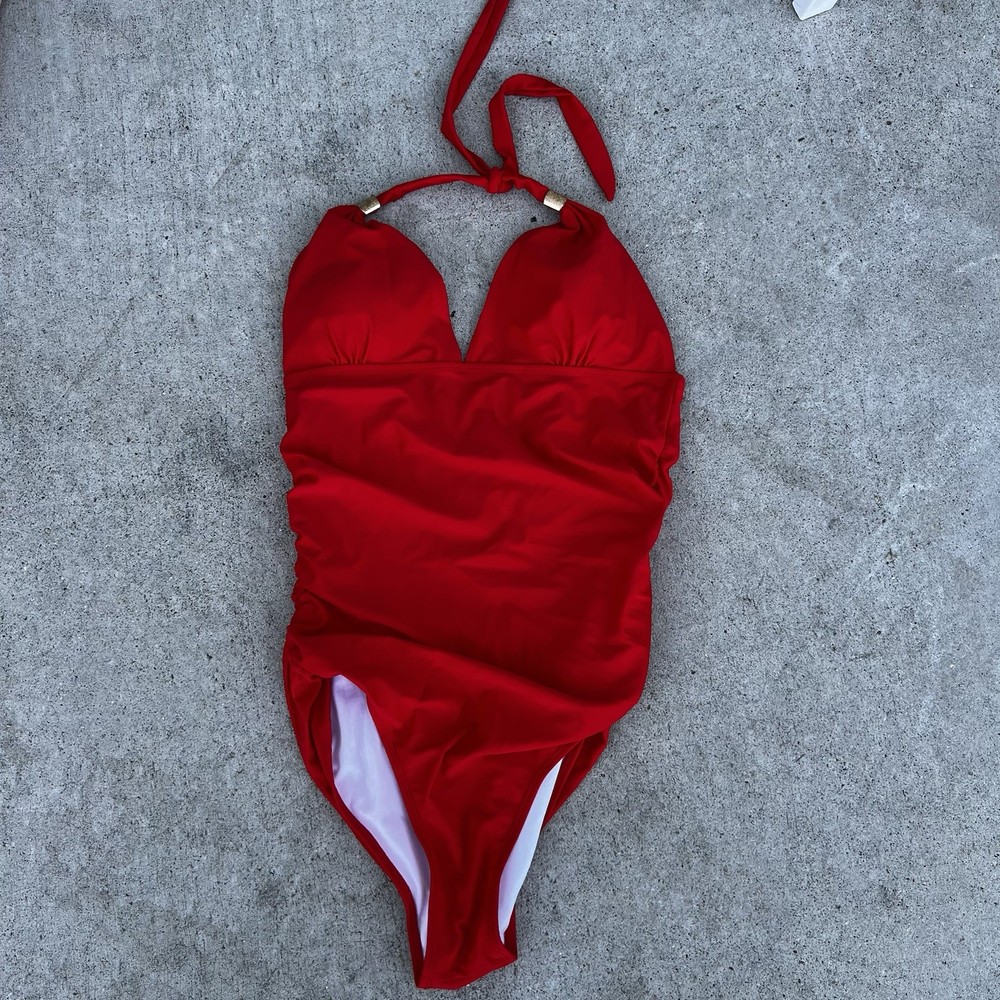 Fashion Nova Large Red One Piece Swim Suit With Gold Detail On Straps