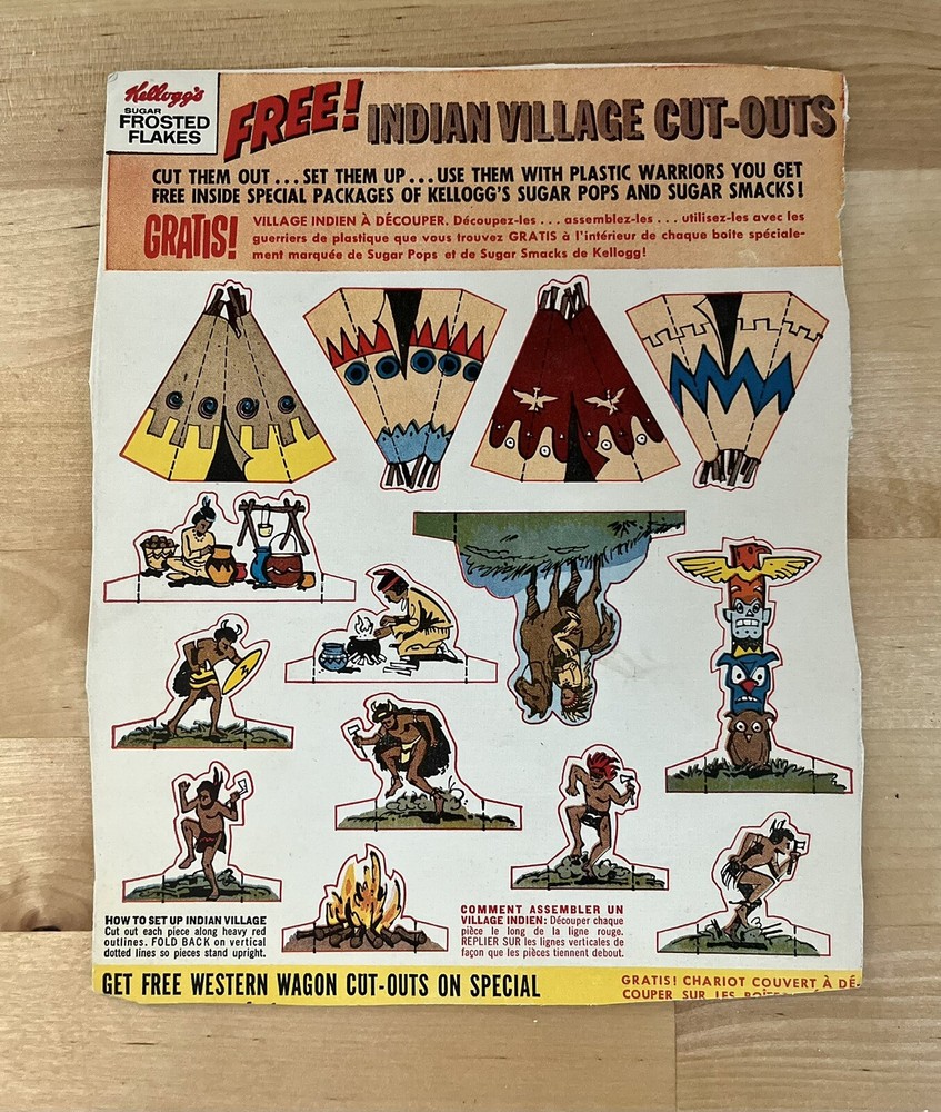Vintage Kelloggs Cereal  Sugar Frosted Flakes Indian Village Back Box Cut Outs